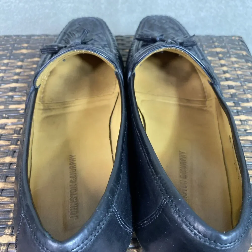 Johnston Murphy Mens Loafers Leather Black Dress Shoes 10.5M Woven Tassel